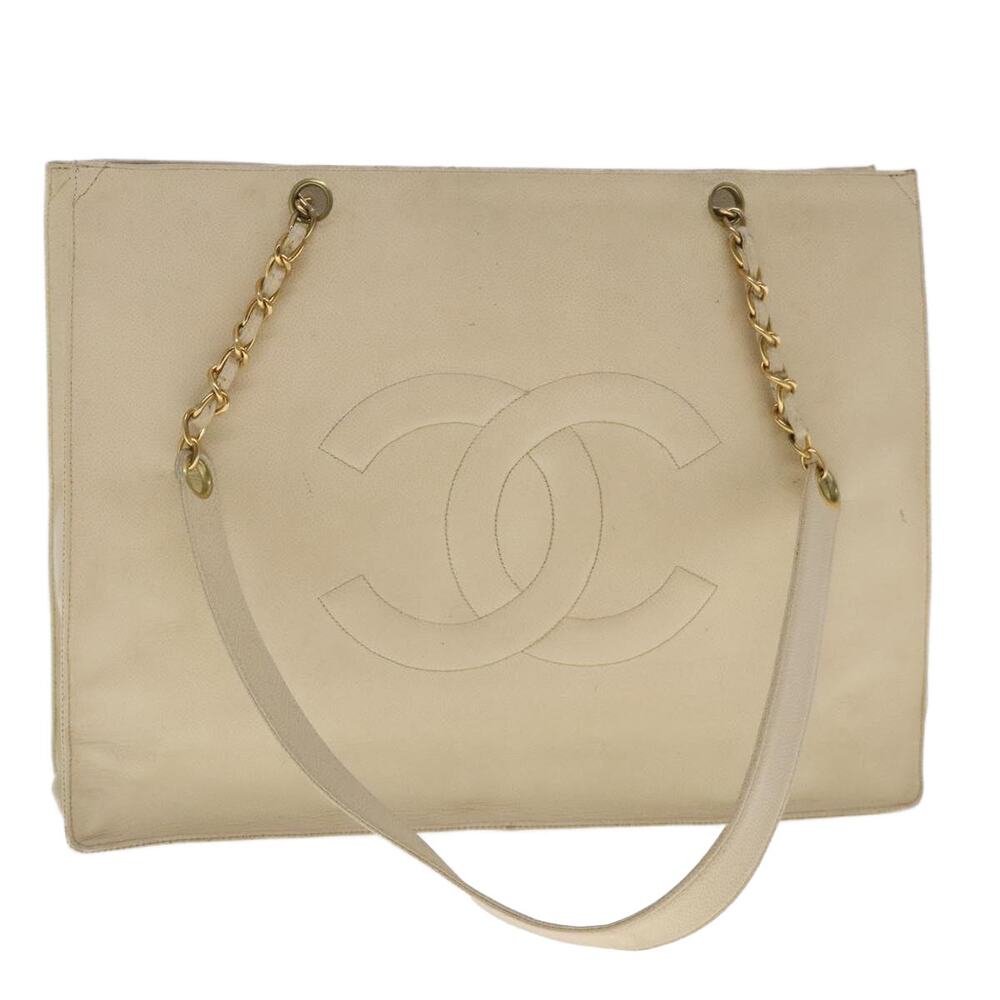 CHANEL Coco Mark Chain Tote Bag Caviar Skin Beige Gold CC